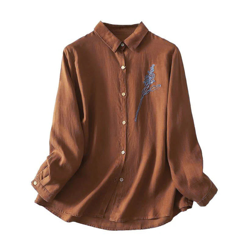 Buddha Stones Spring Embroidered Flower Long Sleeve Women's Buttons Shirt