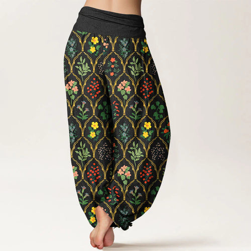 Buddha Stones Pure Cotton Brilliant Flowers Berries Leaves Pattern Women's Elastic Waist Harem Pants