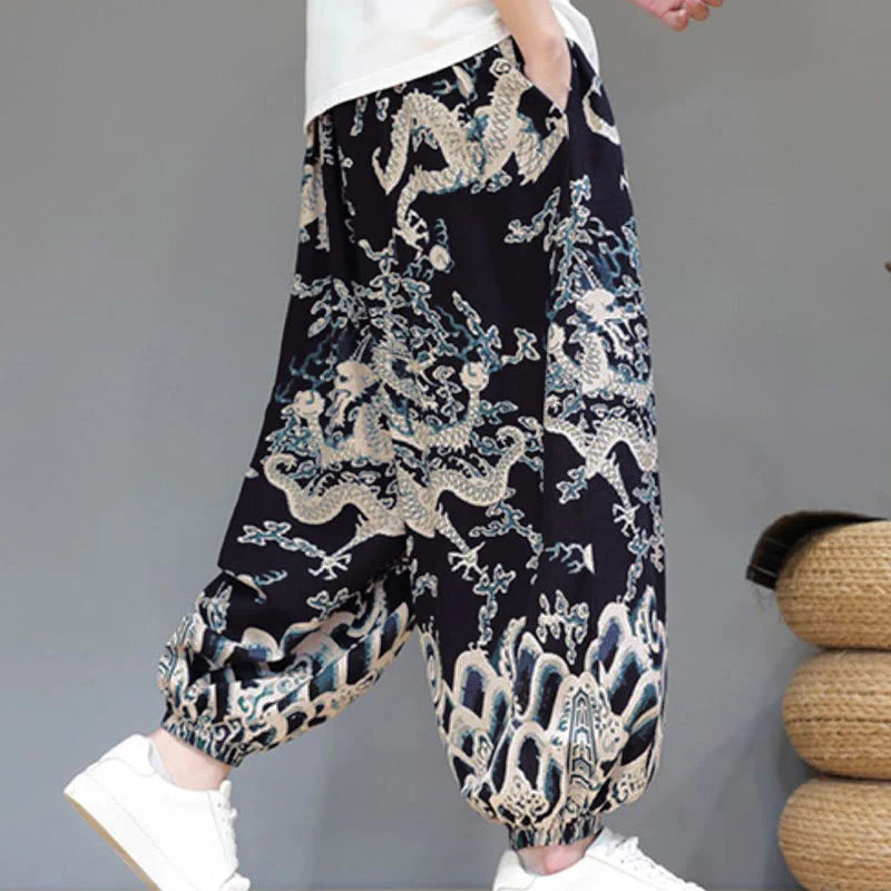 Buddha Stones Summer Dragon Drawstring Design Cotton Linen Men's Harem Pants With Pockets