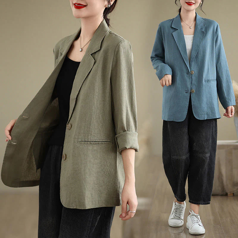 Buddha Stones Spring Solid Color Long Sleeve Cotton Linen Women's Jacket With Pockets