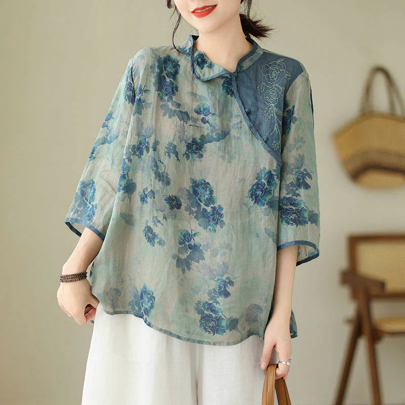 Buddha Stones PLUS SIZE Blue Jacaranda Flower Design Three Quarter Sleeve Ramie Linen Shirt