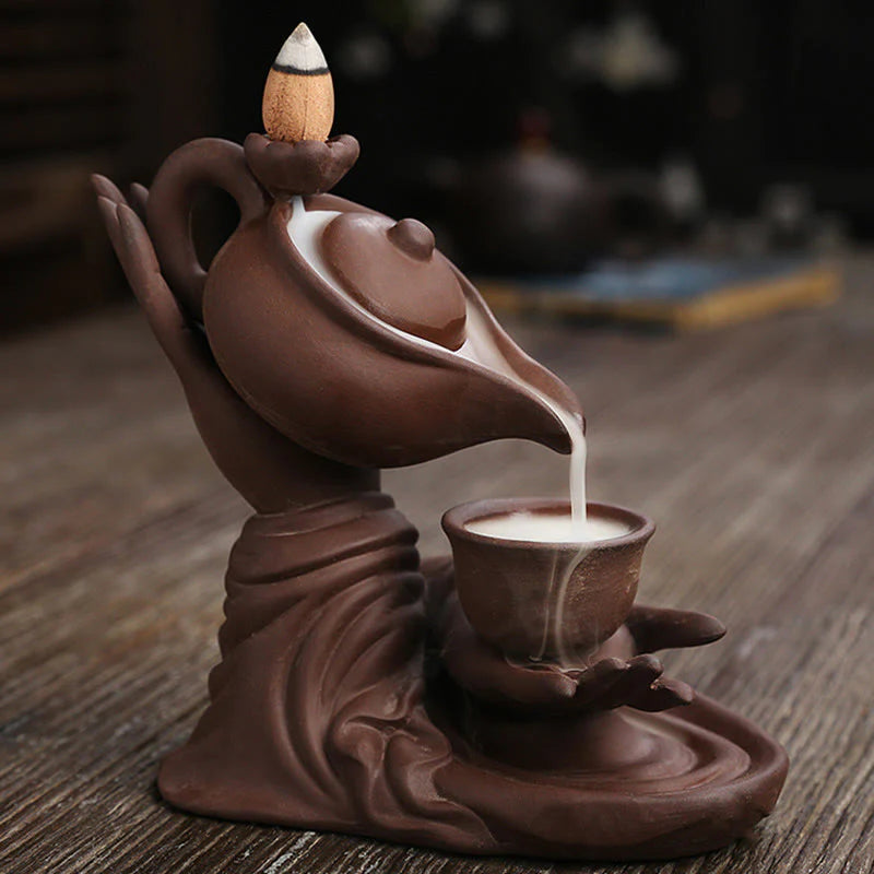 Buddha Stones Buddha Hand Holding Teapot Cup Ceramic Backflow Smoke Fountain Healing Incense Burner Decoration