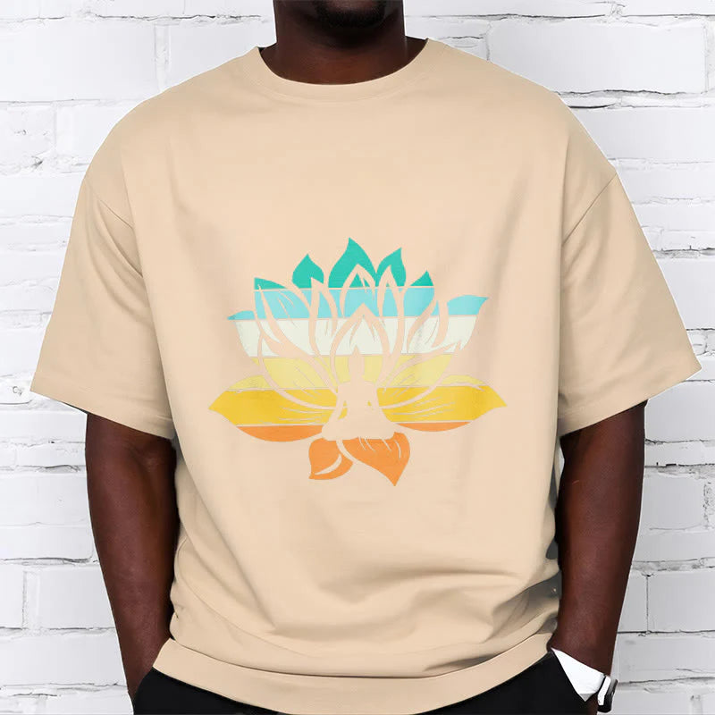Buddha Stones Gradient-colored Lotus Flower Buddha Meditation Cotton Tee T-shirt