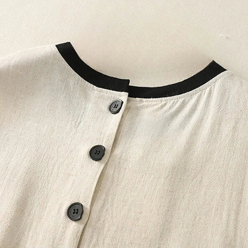 Buddha Stones Casual Stitching Color Handmade Button Design Midi Dress Polyester Sleeveless Dress With Pockets