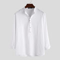 Buddha Stones Solid Color Half Buttons Long Sleeve Cotton Linen Men's Shirts