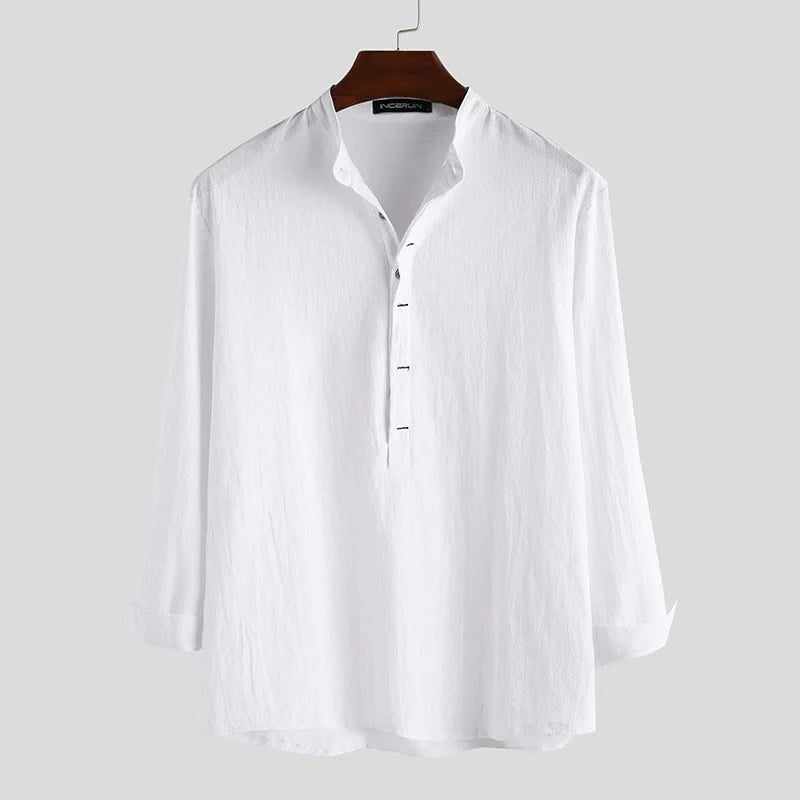 Buddha Stones Solid Color Half Buttons Long Sleeve Cotton Linen Men's Shirts