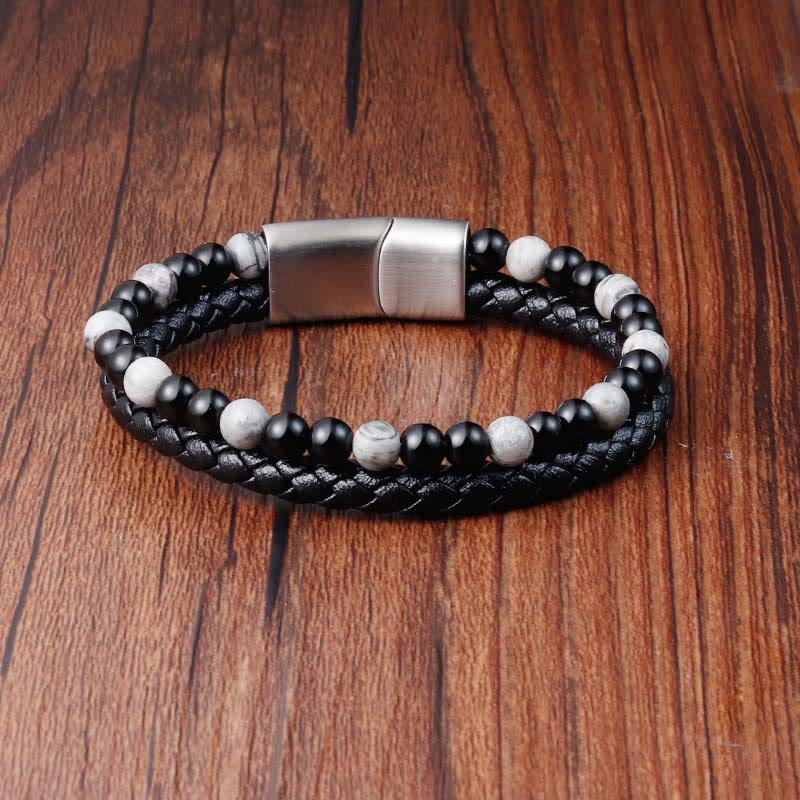 Buddha Stones Black Onyx Grey Jasper Titanium Steel Stability Leather Bracelet