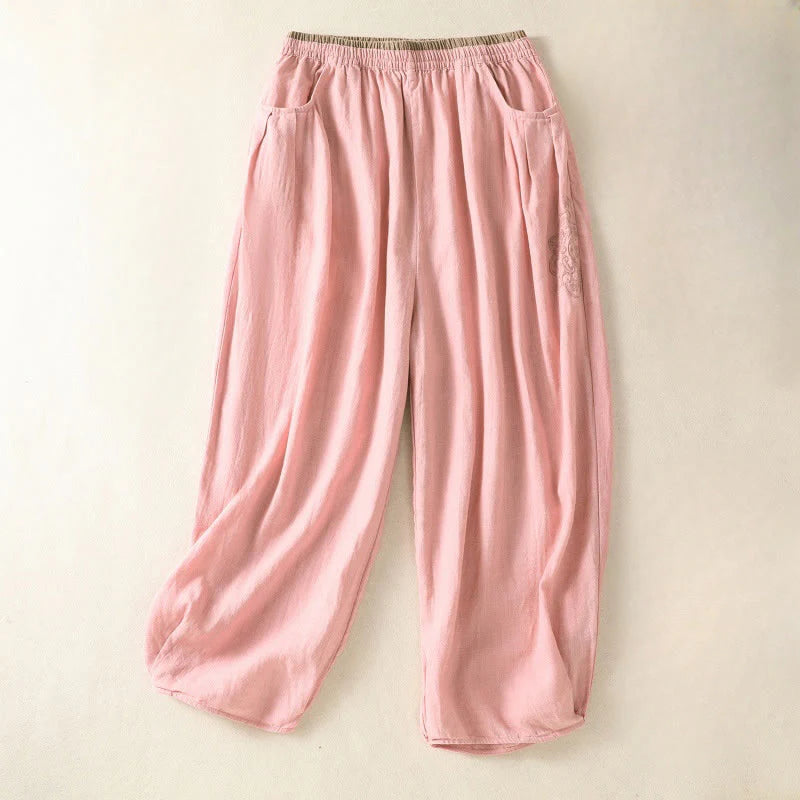 Buddha Stones Casual Embroidery Women's Cotton Linen 7-8 Length Harem Pants With Pockets