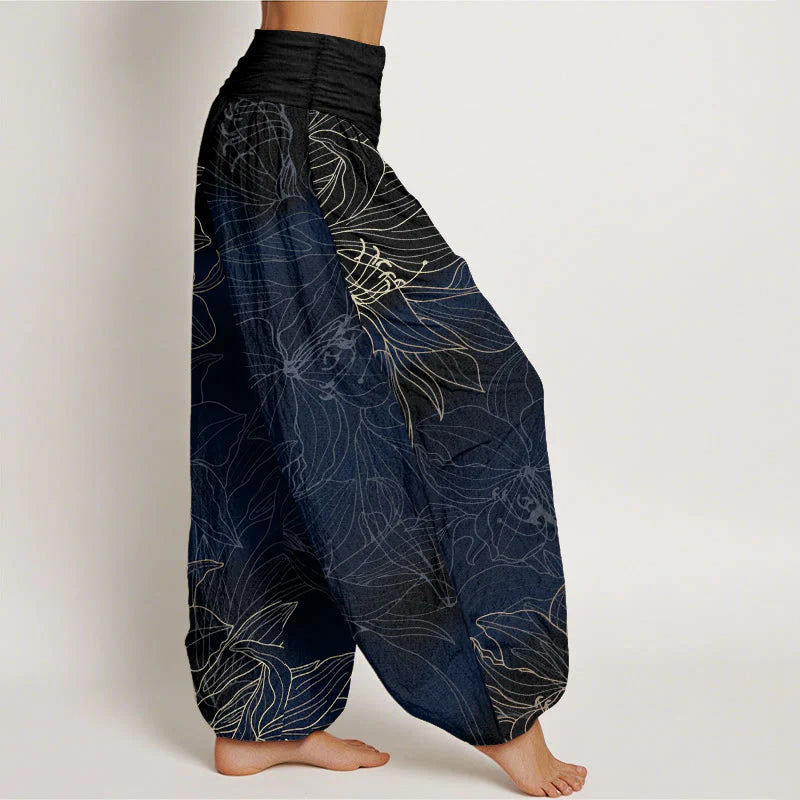 Buddha Stones Pure Cotton Minimalist Style Flower Pattern Women's Elastic Waist Harem Pants