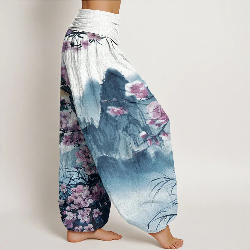 Buddha Stones Cotton Bird Cherry Blossom Mountains Pattern Women's Elastic Waist Harem Pants