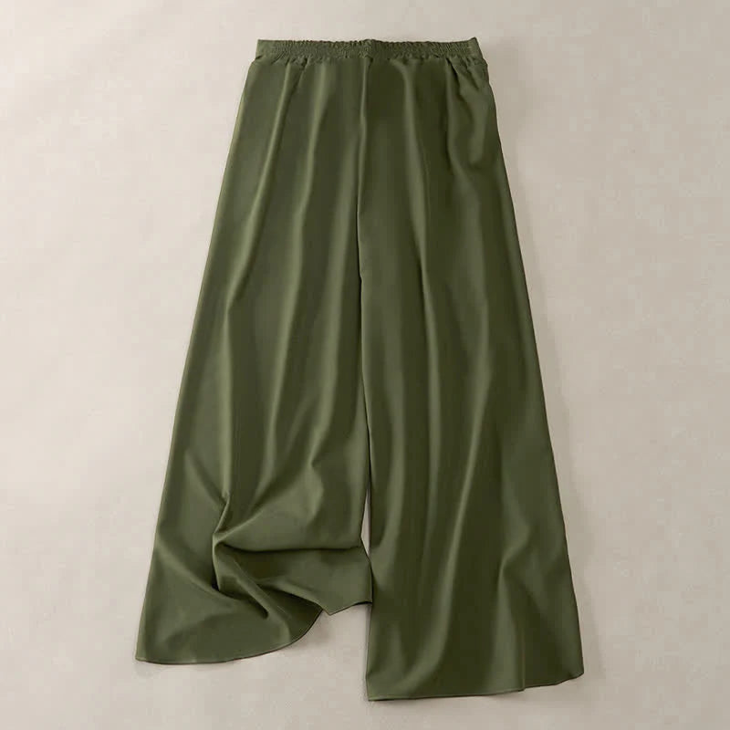 Buddha Stones Elegant Plain Side-Slit Drawstring Bow Design High Waist Women's Wide Leg Pants
