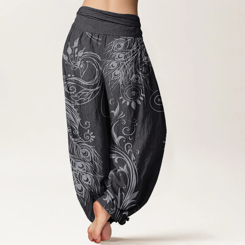 Buddha Stones Cotton Casual Peacock Design Women's Elastic Waist Harem Pants