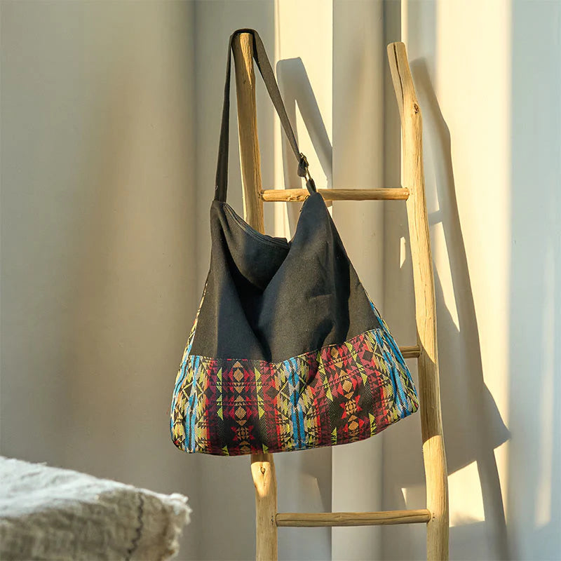 Buddha Stones Black Red Blue Stripes Pattern Cotton Crossbody Bag Shoulder Bag