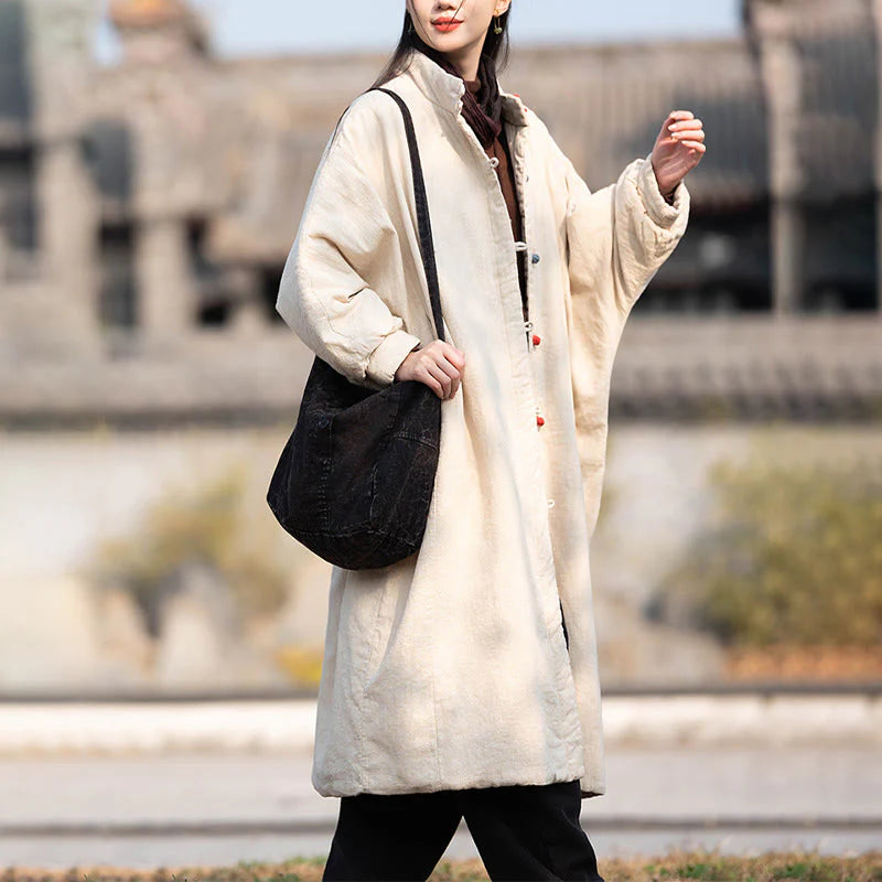Buddha Stones Winter Solid Frog-Button Ramie Cotton Women's Long Sleeve Thermal Coat With Pockets