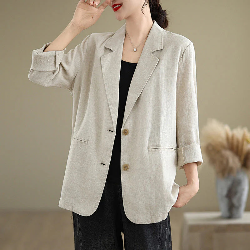 Buddha Stones Spring Solid Color Long Sleeve Cotton Linen Women's Jacket With Pockets