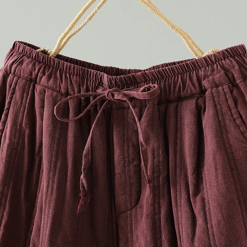 Buddha Stones Daily Plain Drawstring Design Women's Harem Elastic Waist Cotton Pants With Pockets