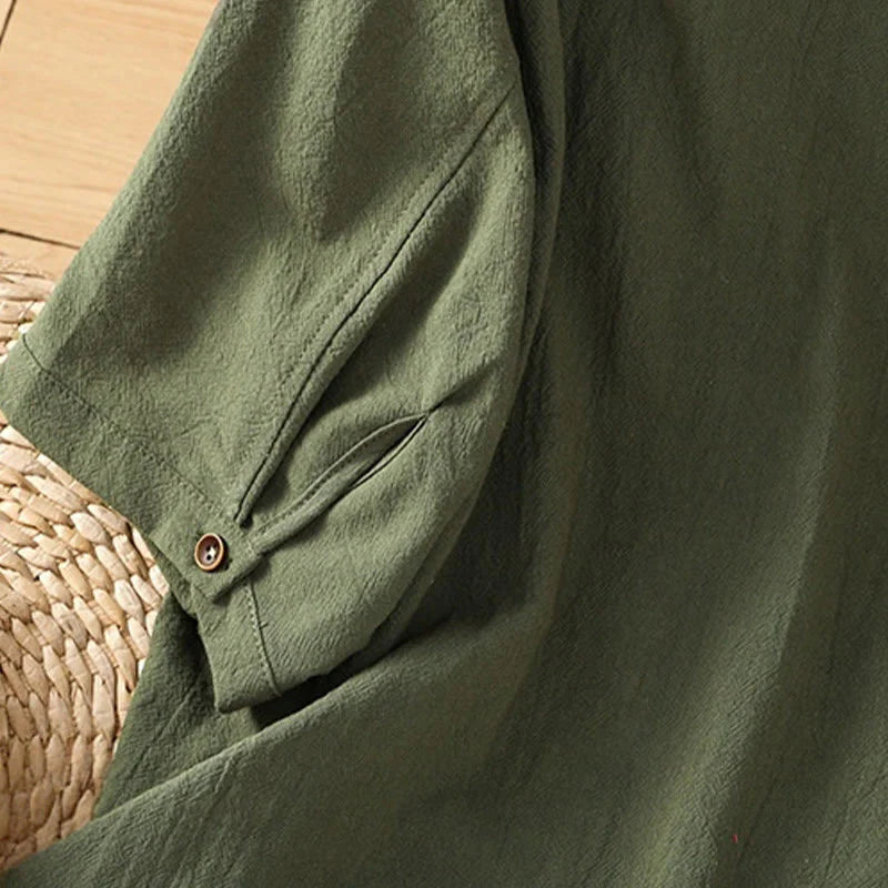 Buddha Stones Casual Plain Buttons Half Sleeve Women's Cotton Linen Shirt With Pocket