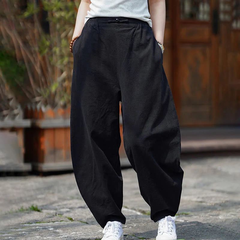 Buddha Stones Summer Plain One Chinese Frog-Button Straight Leg Design Men's Cotton Linen Pants With Pockets