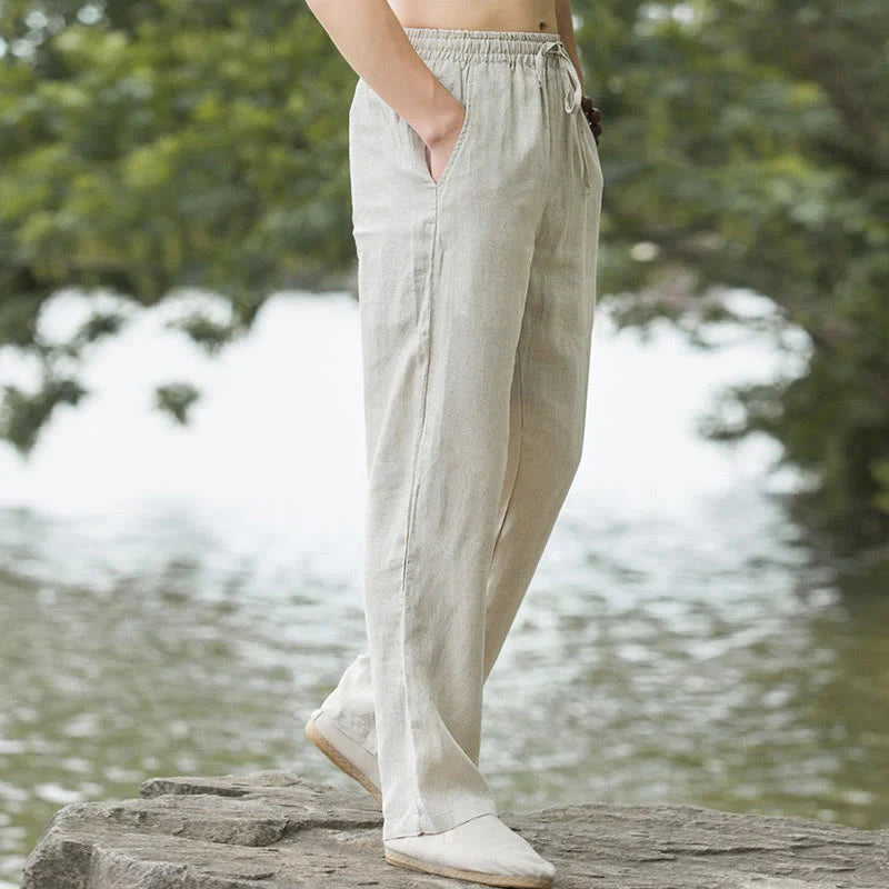 Buddha Stones Solid Color Cotton Linen Men's Wide Leg Pants With Pockets