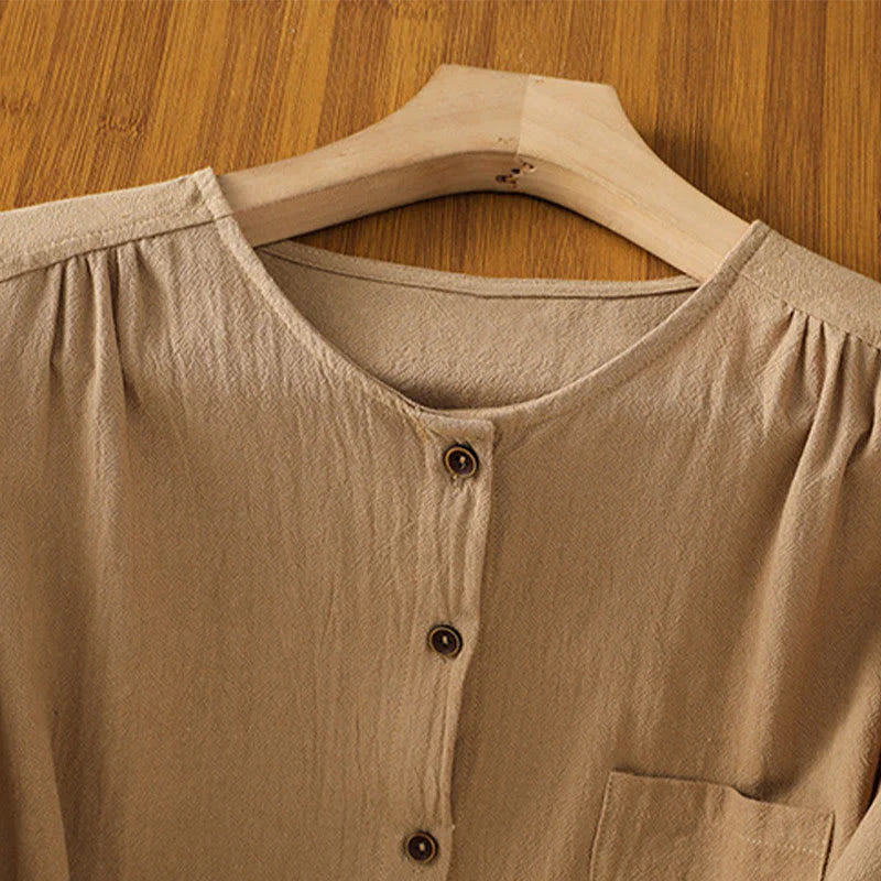 Buddha Stones Casual Plain Buttons Half Sleeve Women's Cotton Linen Shirt With Pocket