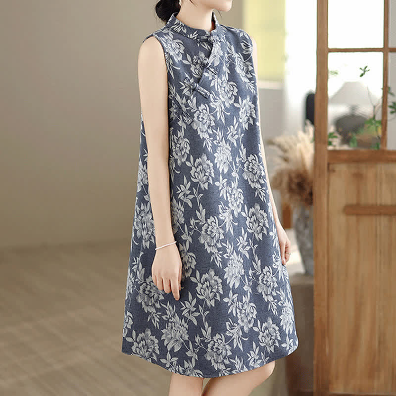 Buddha Stones Frog-button Mandarin Collar Floral Pattern Sleeveless Cotton Mini Dress With Pockets