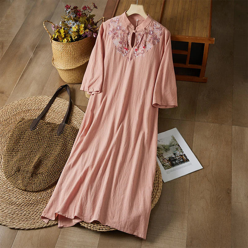 Buddha Stones Vintage Embroidery Frog-button Half Sleeve High Waist Cotton Linen Women's Midi Dress