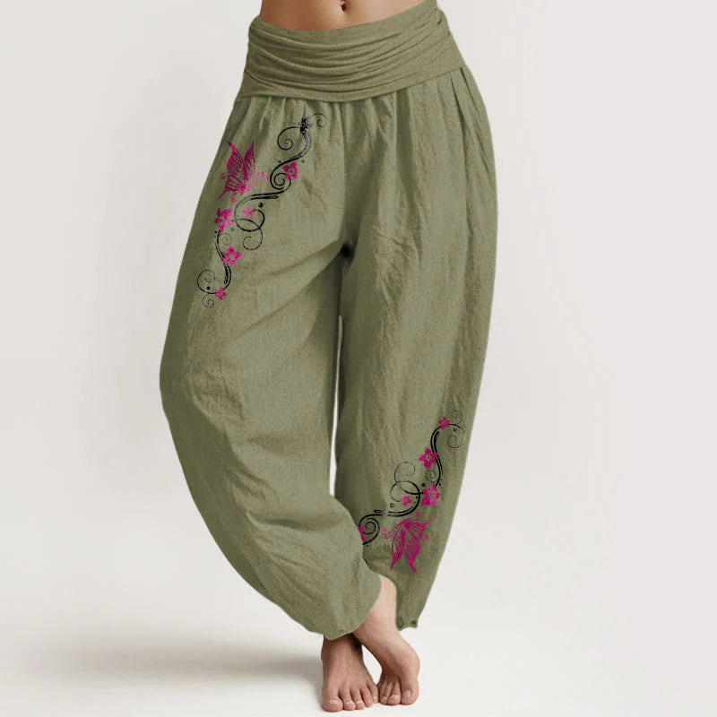 Buddha Stones Pure Cotton Softly Colored Butterfly Flower Vine Pattern Women's Elastic Waist Harem Pants
