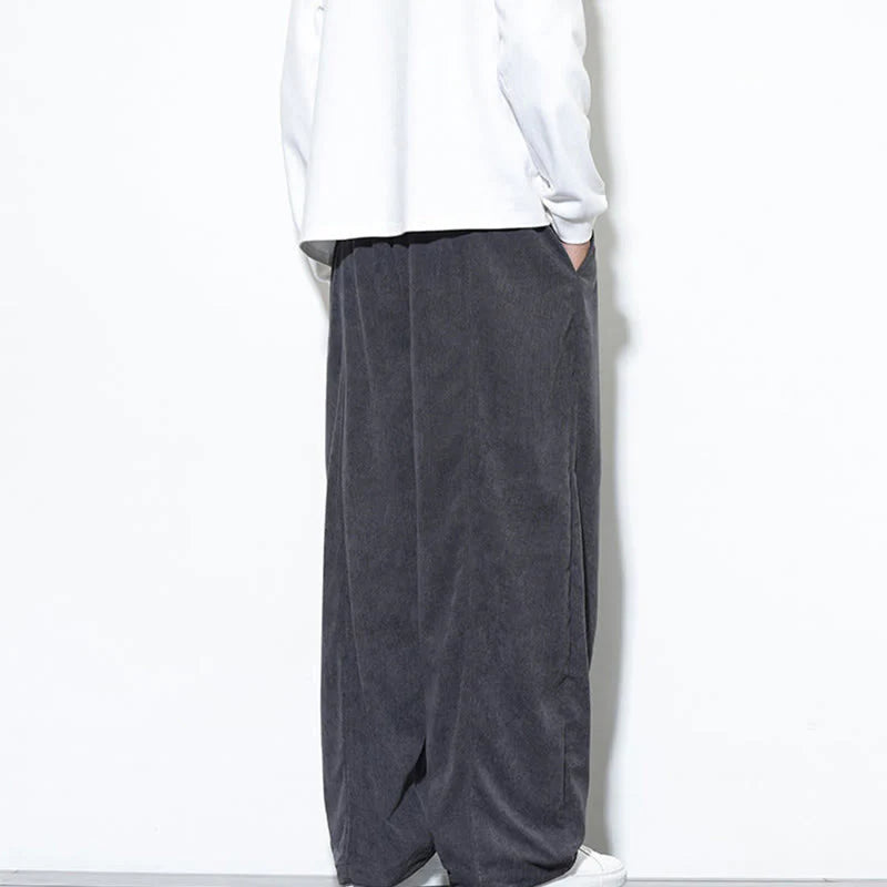 Buddha Stones Plain Drawstring Pure Cotton Corduroy Men's Harem Pants With Pockets