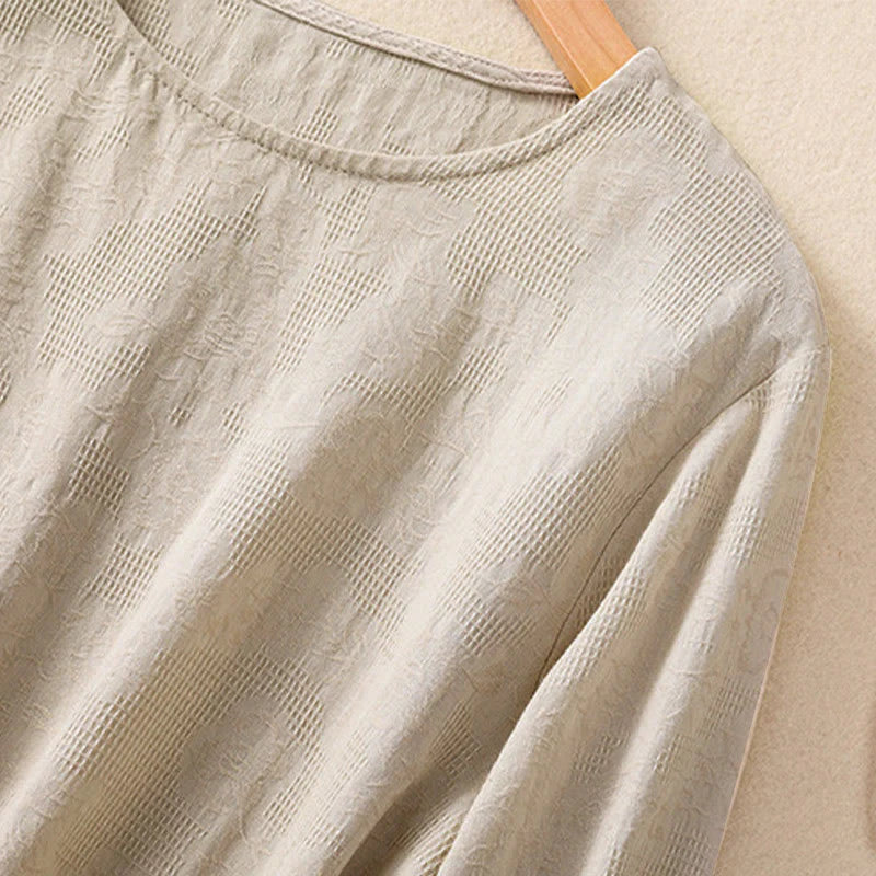 Buddha Stones Jacquard Irregular Hem Pleated Design Women's Cotton Long Sleeve Shirt