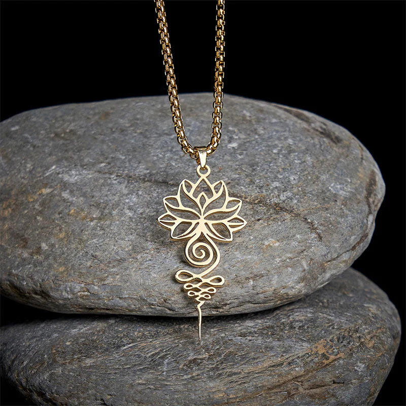 Buddha Stones Lotus Unalome Chakra Symbol Design Stainless Steel Enlightenment Necklace Pendant