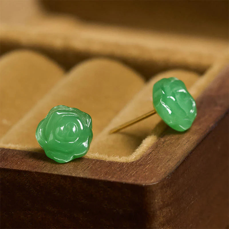 Buddha Stones 925 Sterling Silver Green Chalcedony Rose Strength Courage Earrings