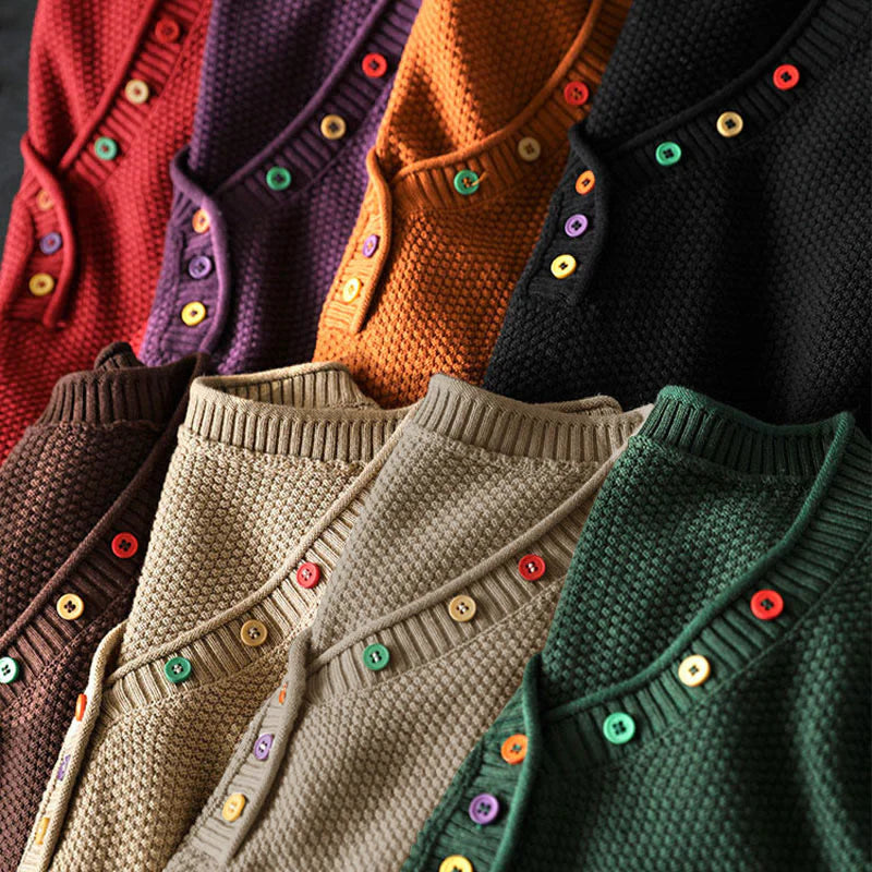 Buddha Stones Fall Colorful Buttons V-Neck Cotton Women's Long Sleeve Knitted Sweater