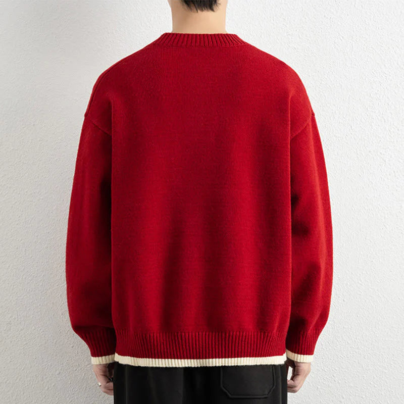 Buddha Stones Winter V-Neck One Button Design Warm Men's Long Sleeve Knitted Sweater