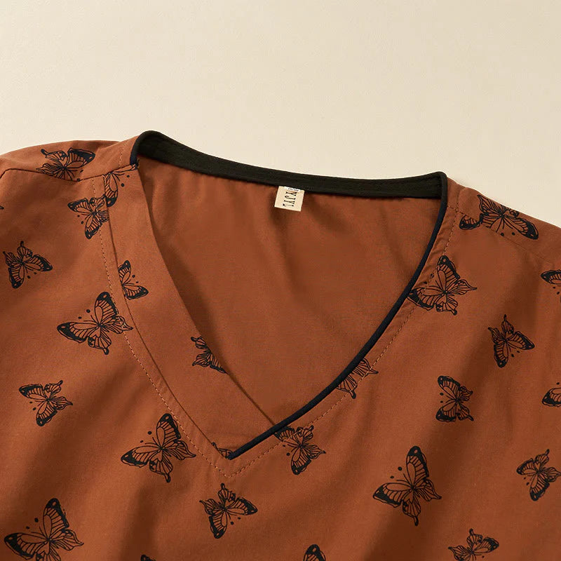 Buddha Stones Butterfly Pattern V-Neck Long Sleeve Women's Polyester Shirt