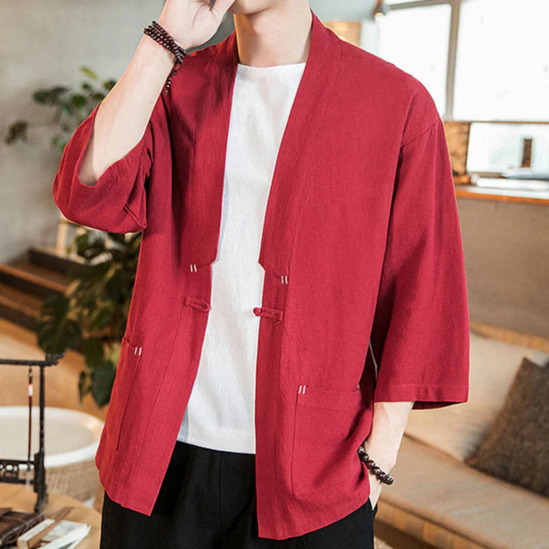 Buddha Stones Plain Chinese Frog-Button Jacket Cotton Linen Men's Three Quarter Sleeve Kimono