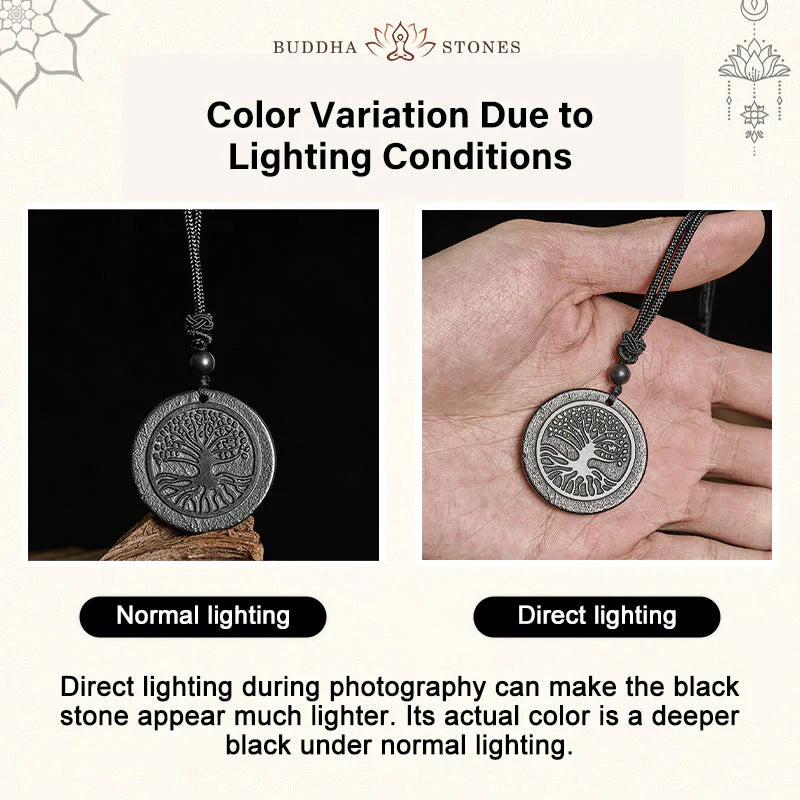 Buddha Stones The Tree of Life Carving Pattern Authentic Shungite Stone Protection Necklace Pendant