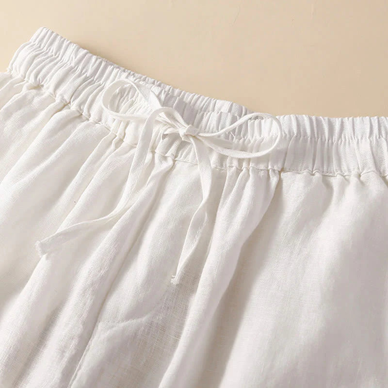 Buddha Stones Plain Color Bottom Hollow Lace Design Lace-up Cotton Women's Shorts With Pockets