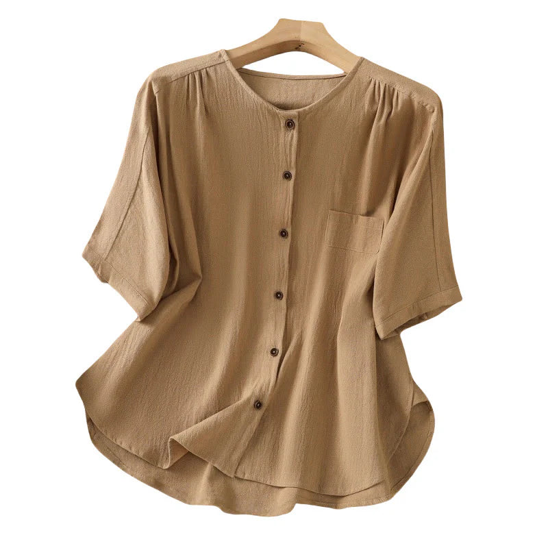 Buddha Stones Casual Plain Buttons Half Sleeve Women's Cotton Linen Shirt With Pocket
