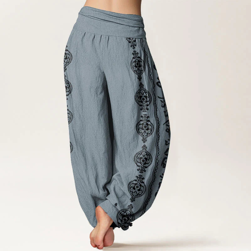 Buddha Stones Pure Cotton Mandala Om Mani Padme Hum Women's Elastic Waist Harem Pants