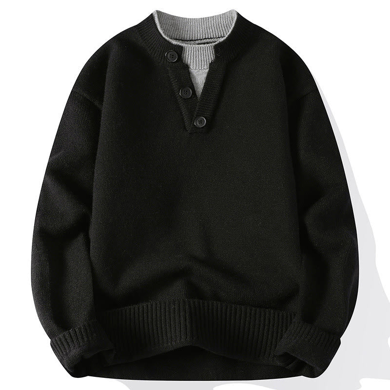 Buddha Stones Winter Buttons Crew Neck Design Warm Men's Long Sleeve Knitted Sweater