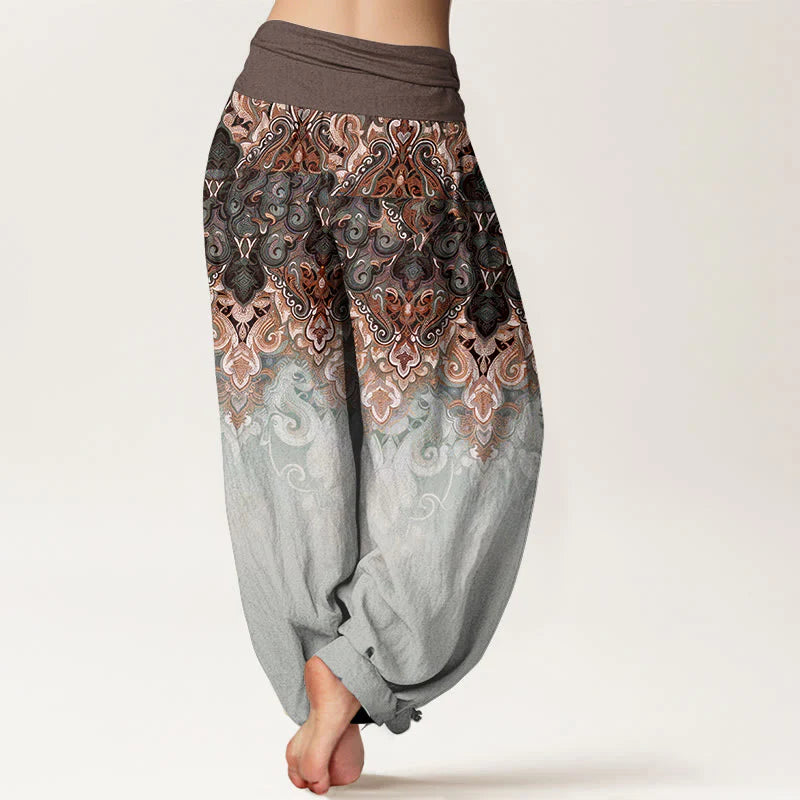 Buddha Stones Paisley Floral Gradient Design Women's Pure Cotton Elastic Waist Harem Pants