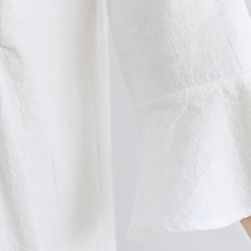 Buddha Stones Loose Plain Ethnic Embroidery Floral Pattern Three Quarter Sleeve Cotton Linen Maxi Dress