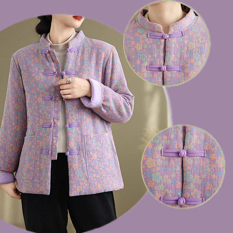 Buddha Stones Women's Winter Thicken Cotton Floral Pattern Long Sleeve Jacket With Pockets