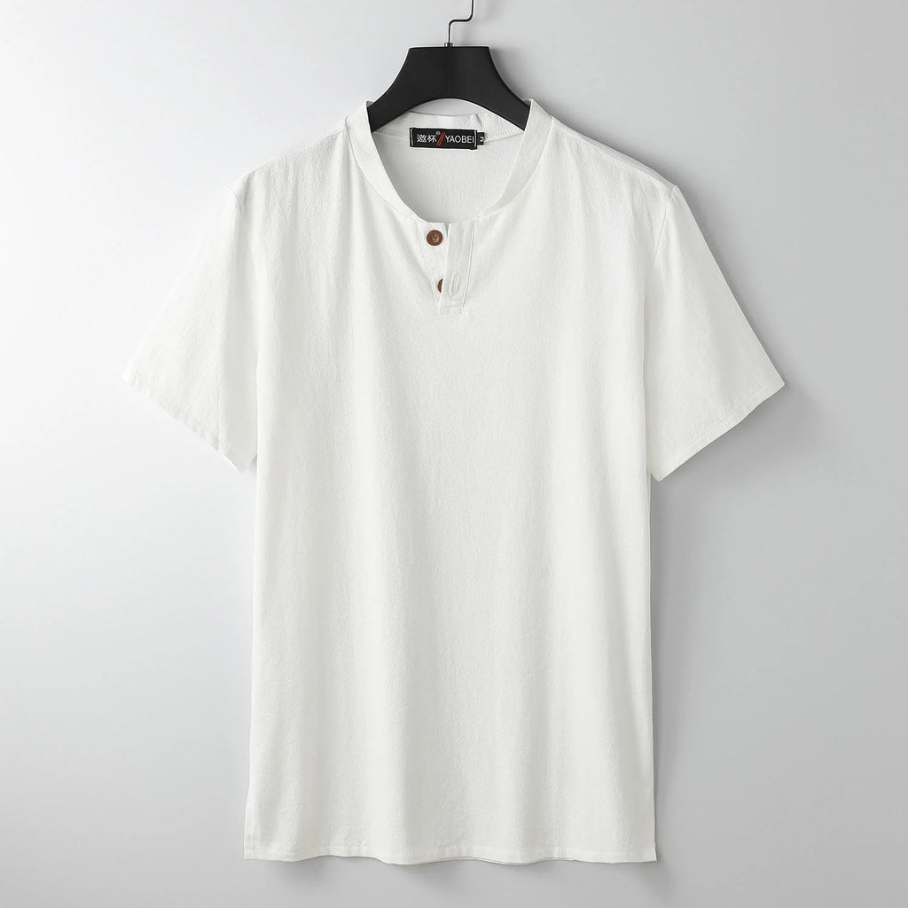 Buddha Stones Loose Men's T-shirt Solid Color Top Short Sleeve Button Notched Neck Soft Shirt