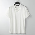Buddha Stones Loose Men's T-shirt Solid Color Top Short Sleeve Button Notched Neck Soft Shirt