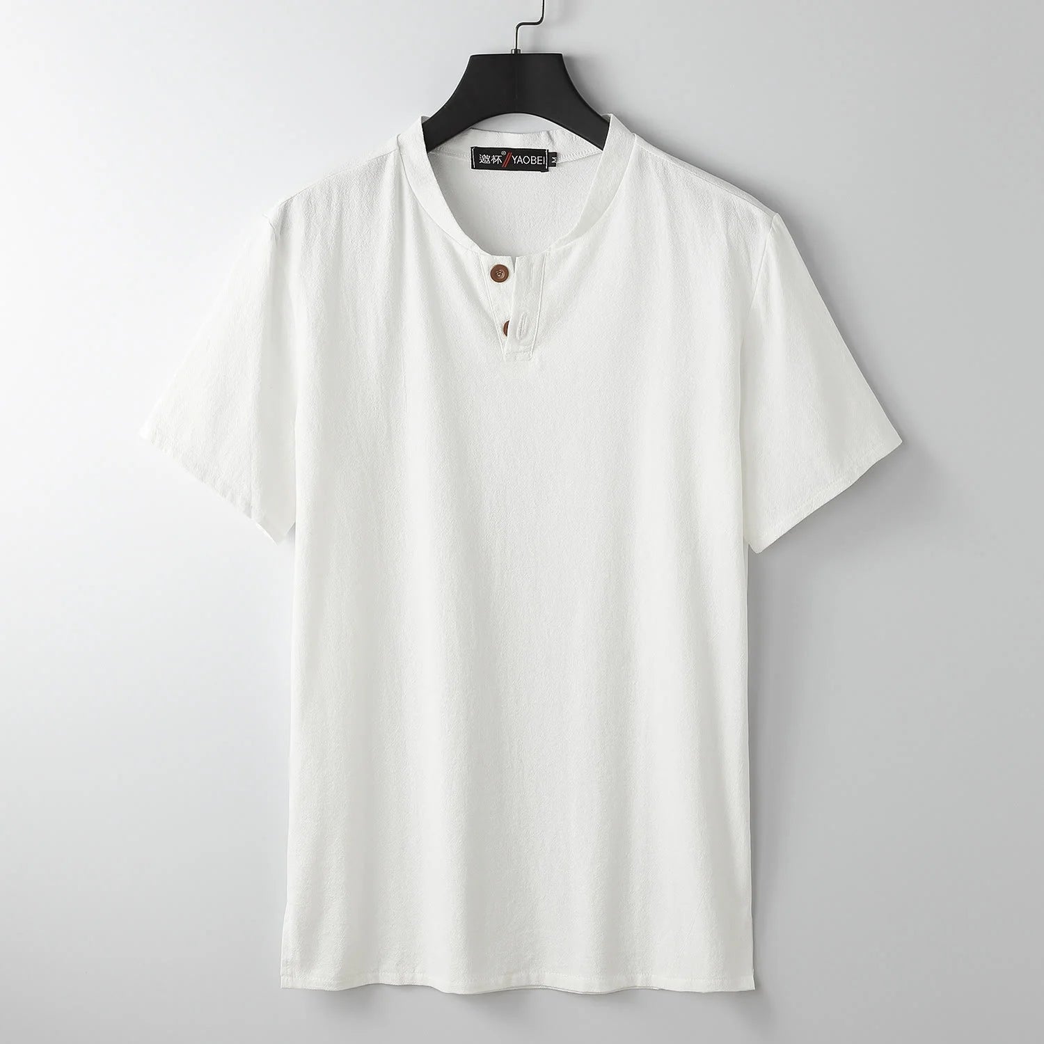Buddha Stones Loose Men's T-shirt Solid Color Top Short Sleeve Button Notched Neck Soft Shirt