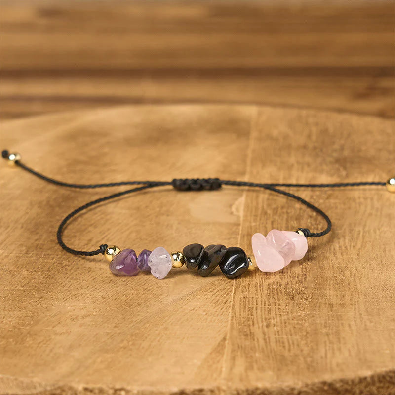 Buddha Stones Amethyst Black Tourmaline Rose Quartz Empath Card Rope Bracelet