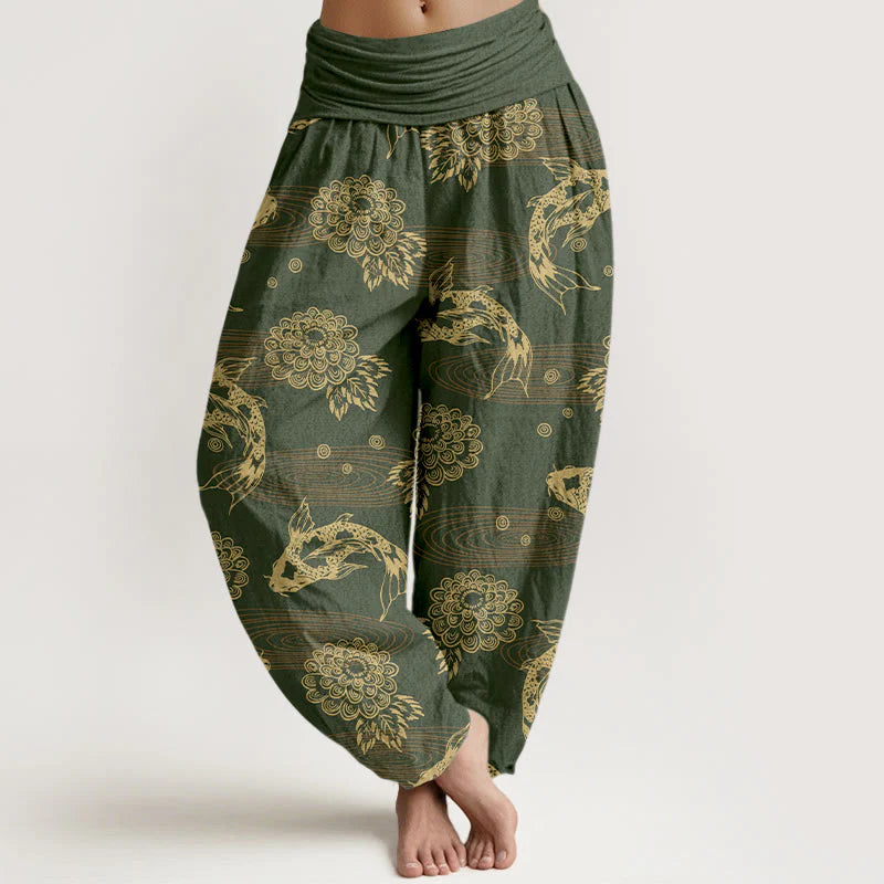 Buddha Stones Cotton Exquisite Koi Fish Flowers Leaves Curve Pattern Women's Elastic Waist Harem Pants