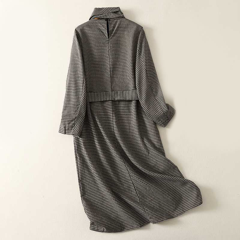 Buddha Stones Fall Black White Plaid High Neck Lace-up Design Long Sleeve Midi Dress With Pockets