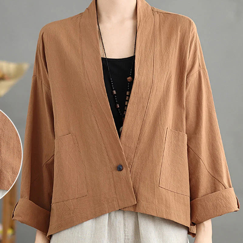 Buddha Stones Casual Vintage Plain Long Sleeve Open Front Cardigan Cotton Linen Jacket With Pockets